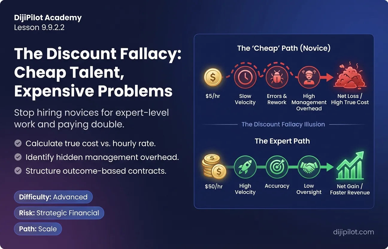 9.9.2.2 - The "Discount" Fallacy: Hiring a $5/hr novice for a $50/hr problem and paying triple in revisions (Difficulty: Advanced | Path: Scale)