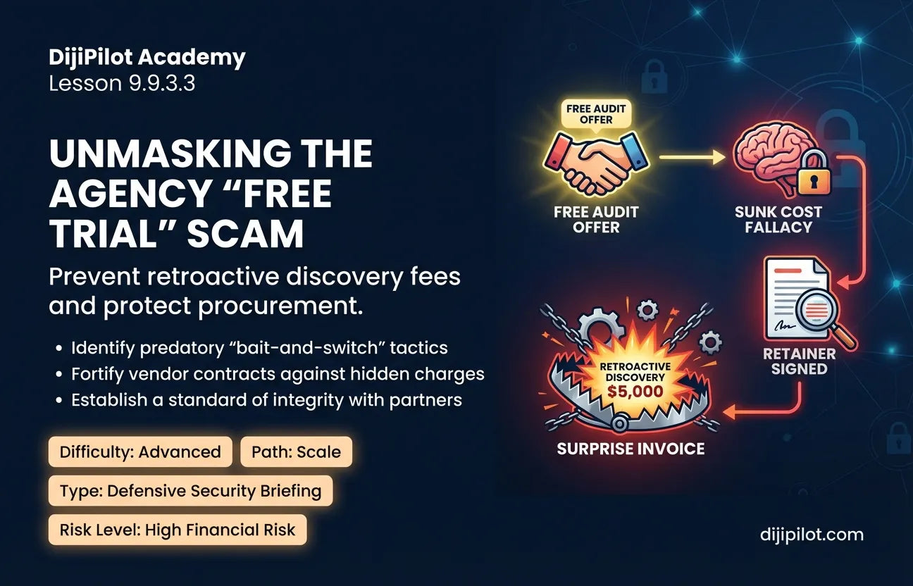 9.9.3.3 - The "Free Trial" Scam: An agency offering free work that reappears on the final invoice as "Discovery Phase" (Difficulty: Advanced | Path: Scale)