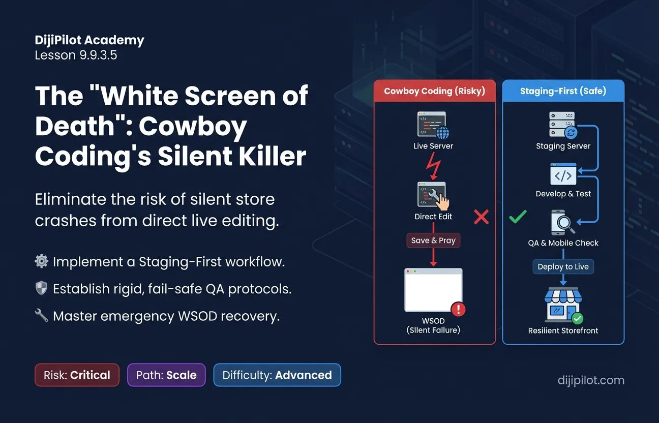 9.9.3.5 - QA Failures: Pushing code directly to the live store without testing on a backup theme (The "White Screen of Death") (Difficulty: Advanced | Path: Scale)